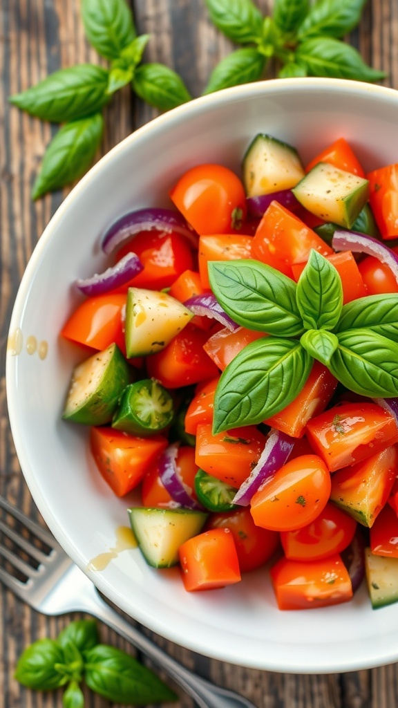A vibrant tomato salad with diced tomatoes, cucumber, red onion, and basil on a wooden table.